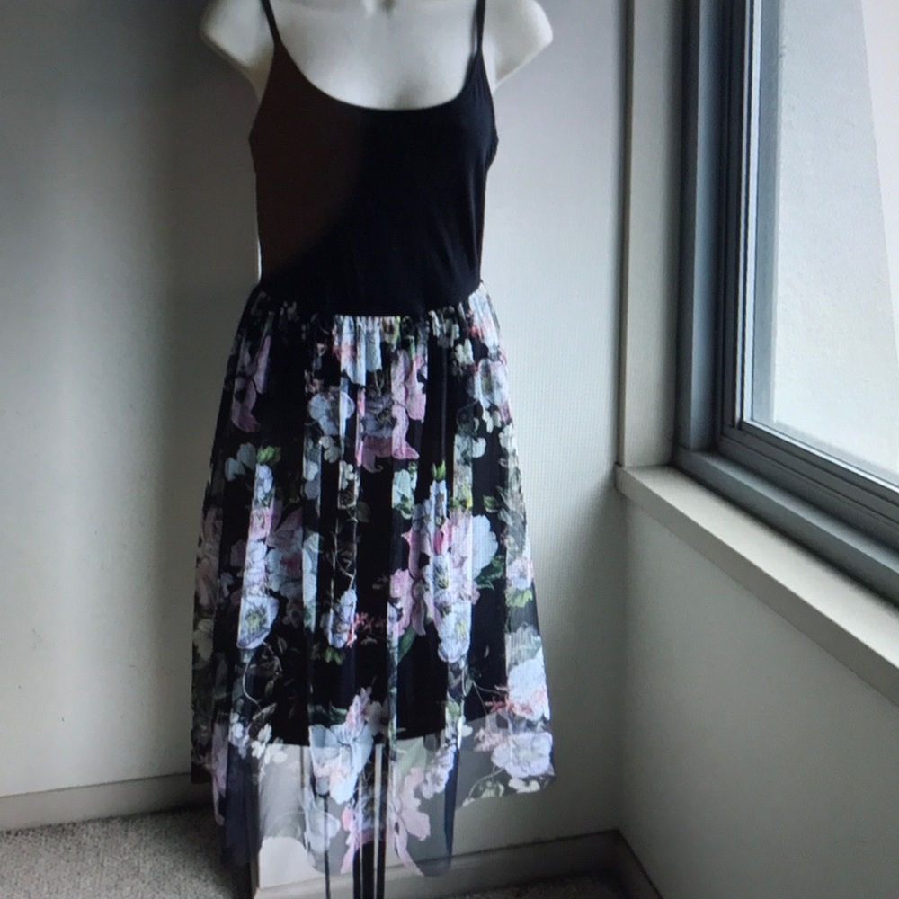 Top shop black tank dress w floral skirt overlay